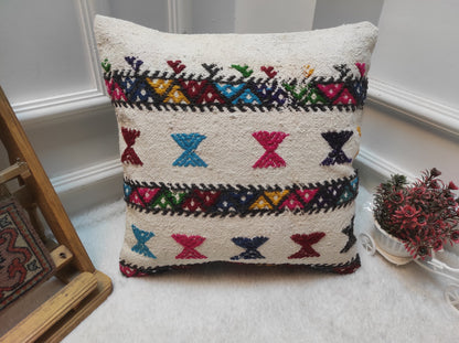 Handwoven Kilim Pillow Cover: Upcycled Bohemian Rug Pillow (16x16 Inc)