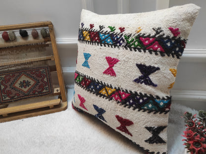Handwoven Kilim Pillow Cover: Upcycled Bohemian Rug Pillow (16x16 Inc)