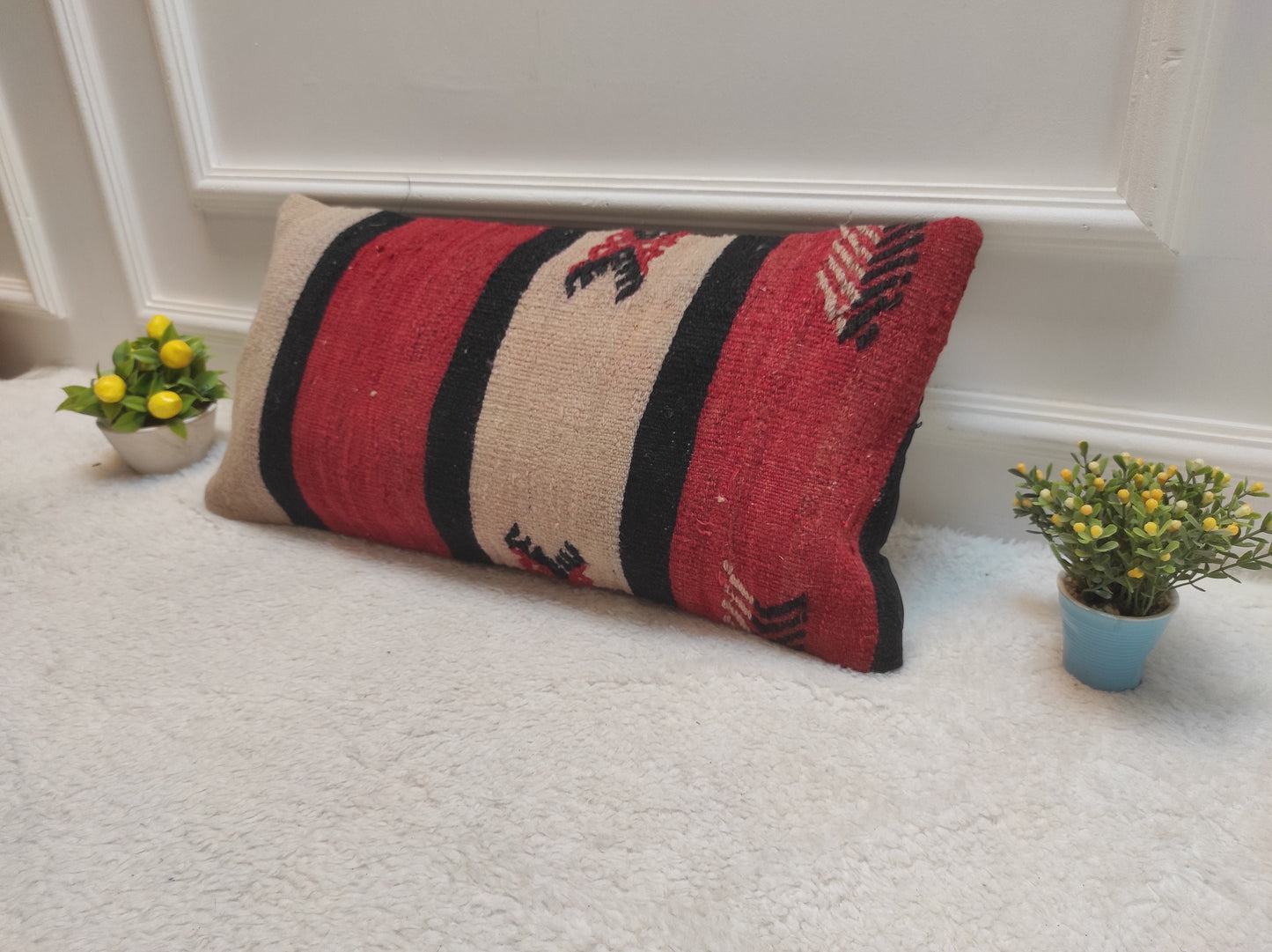 Handmade Red Kilim Lumbar Pillow Cover: Upcycled Woven Rug, 12x24
