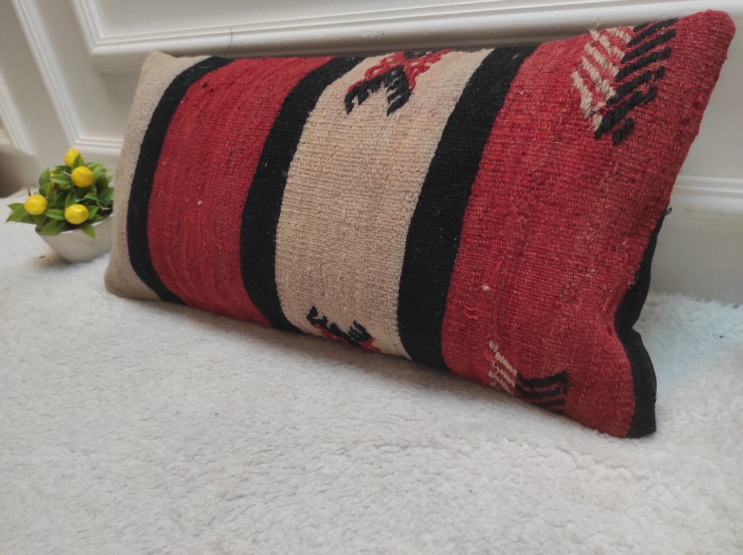 Handmade Red Kilim Lumbar Pillow Cover: Upcycled Woven Rug, 12x24