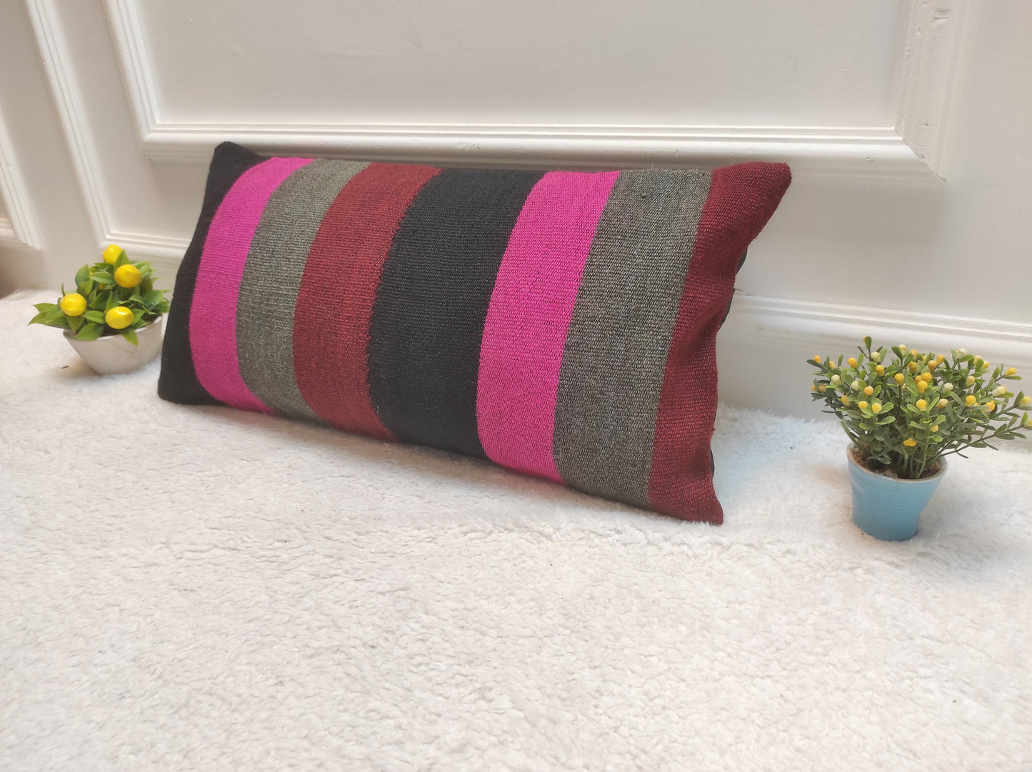 Handmade Kilim Lumbar Pillow Cover: Upcycled Woven Rug, Bohemian Decor (12x24 in)