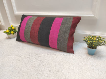 Handmade Kilim Lumbar Pillow Cover: Upcycled Woven Rug, Bohemian Decor (12x24 in)