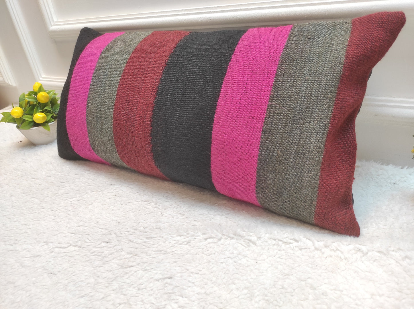 Handmade Kilim Lumbar Pillow Cover: Upcycled Woven Rug, Bohemian Decor (12x24 in)