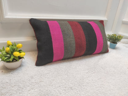 Handmade Kilim Lumbar Pillow Cover: Upcycled Woven Rug, Bohemian Decor (12x24 in)