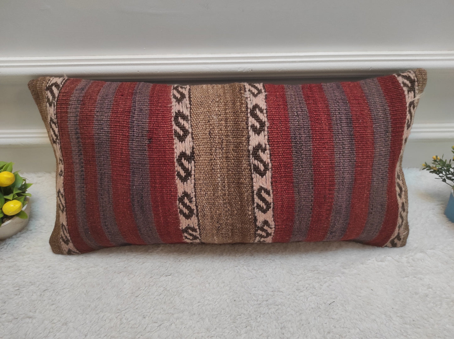 Handmade Kilim Lumbar Pillow Cover: Red Tribal Woven Rug, 12x24