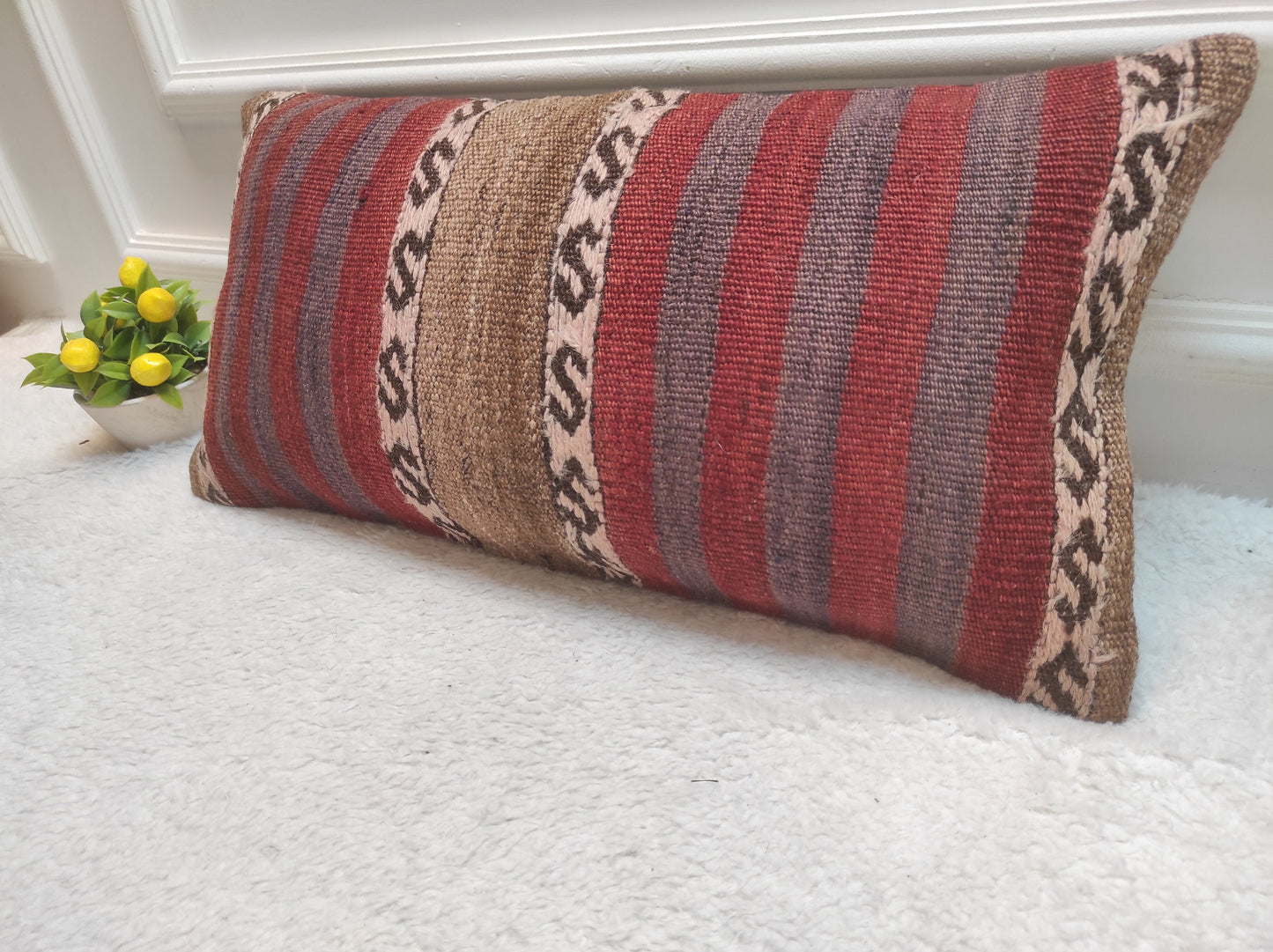 Handmade Kilim Lumbar Pillow Cover: Red Tribal Woven Rug, 12x24