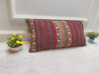 Handmade Kilim Lumbar Pillow Cover: Red Tribal Woven Rug, 12x24
