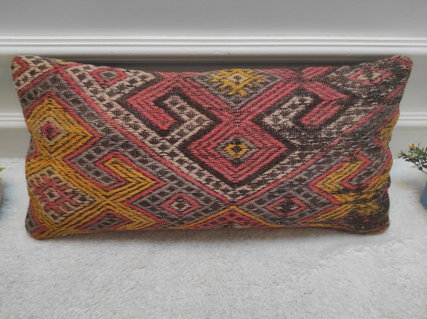 Handmade Kilim Pillow Cover: Red Bohemian Woven Lumbar Pillow (12x24 in)