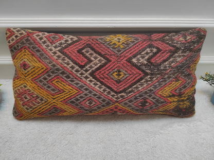 Handmade Kilim Pillow Cover: Red Bohemian Woven Lumbar Pillow (12x24 in)