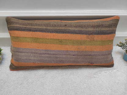 Handmade Kilim Pillow Cover: Upcycled Woven Rug, Orange Tribal Design (30x60 cm)