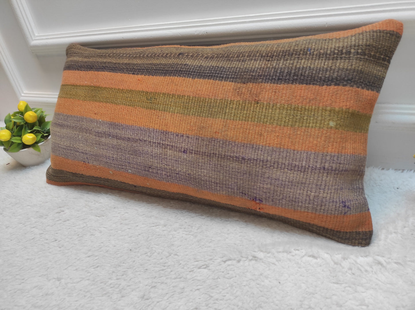 Handmade Kilim Pillow Cover: Upcycled Woven Rug, Orange Tribal Design (30x60 cm)