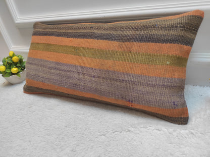 Handmade Kilim Pillow Cover: Upcycled Woven Rug, Orange Tribal Design (30x60 cm)