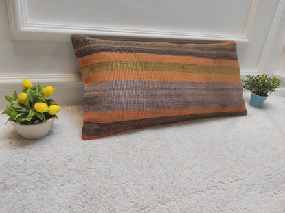 Handmade Kilim Pillow Cover: Upcycled Woven Rug, Orange Tribal Design (30x60 cm)