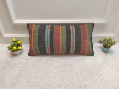 Handmade Kilim Pillow Cover: Upcycled Woven Rug, Striped Lumbar Cushion (12x24 inc)