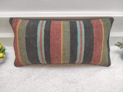 Handmade Kilim Pillow Cover: Upcycled Woven Rug, Striped Lumbar Cushion (12x24 inc)