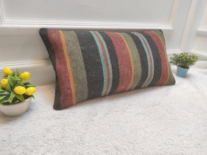 Handmade Kilim Pillow Cover: Upcycled Woven Rug, Striped Lumbar Cushion (12x24 inc)
