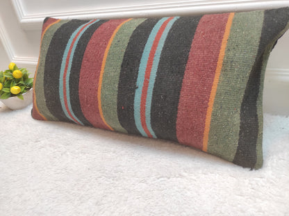 Handwoven Kilim Lumbar Pillow: Rustic Tribal Cover (12x24 in)