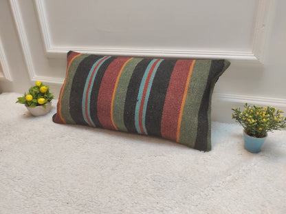 Handwoven Kilim Lumbar Pillow: Rustic Tribal Cover (12x24 in)