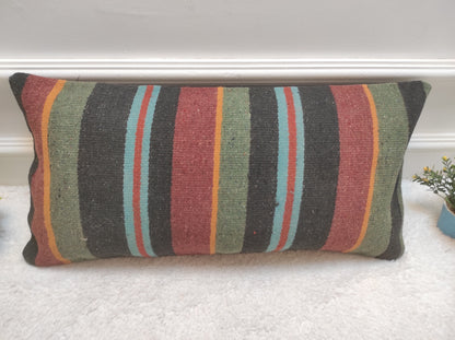 Handwoven Kilim Lumbar Pillow: Rustic Tribal Cover (12x24 in)