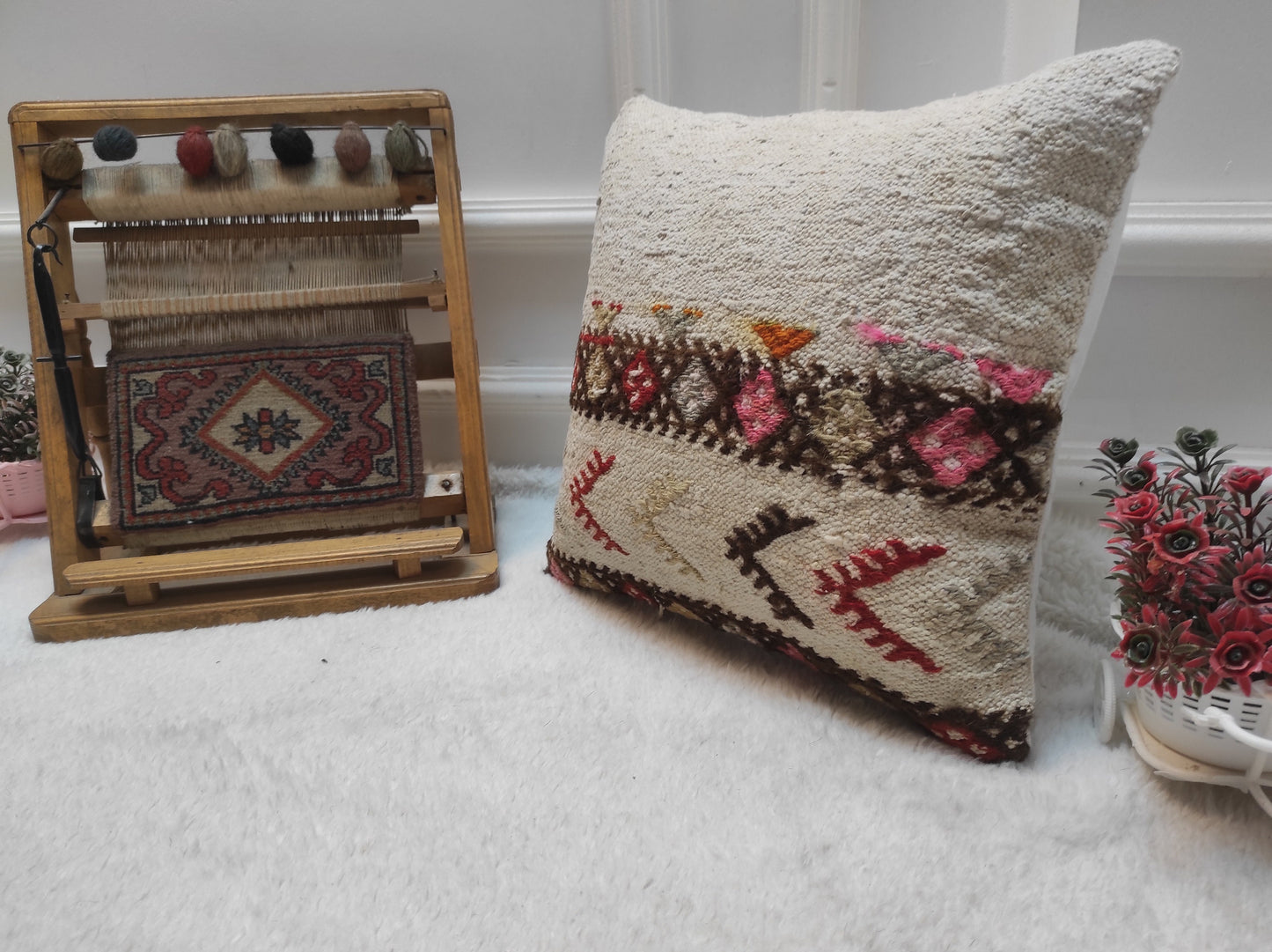 Handmade Kilim Pillow Cover: Upcycled Wool, Bohemian Accent 14x14 Inch
