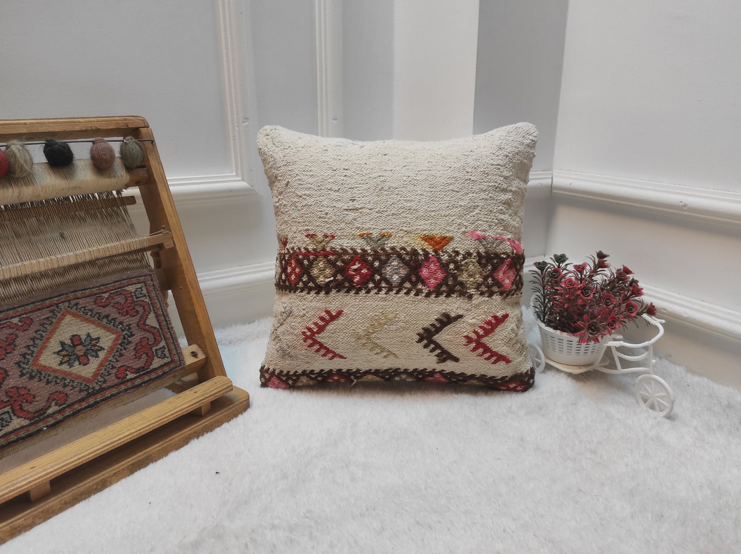 Handmade Kilim Pillow Cover: Upcycled Wool, Bohemian Accent 14x14 Inch