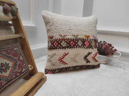 Handmade Kilim Pillow Cover: Upcycled Wool, Bohemian Accent 14x14 Inch