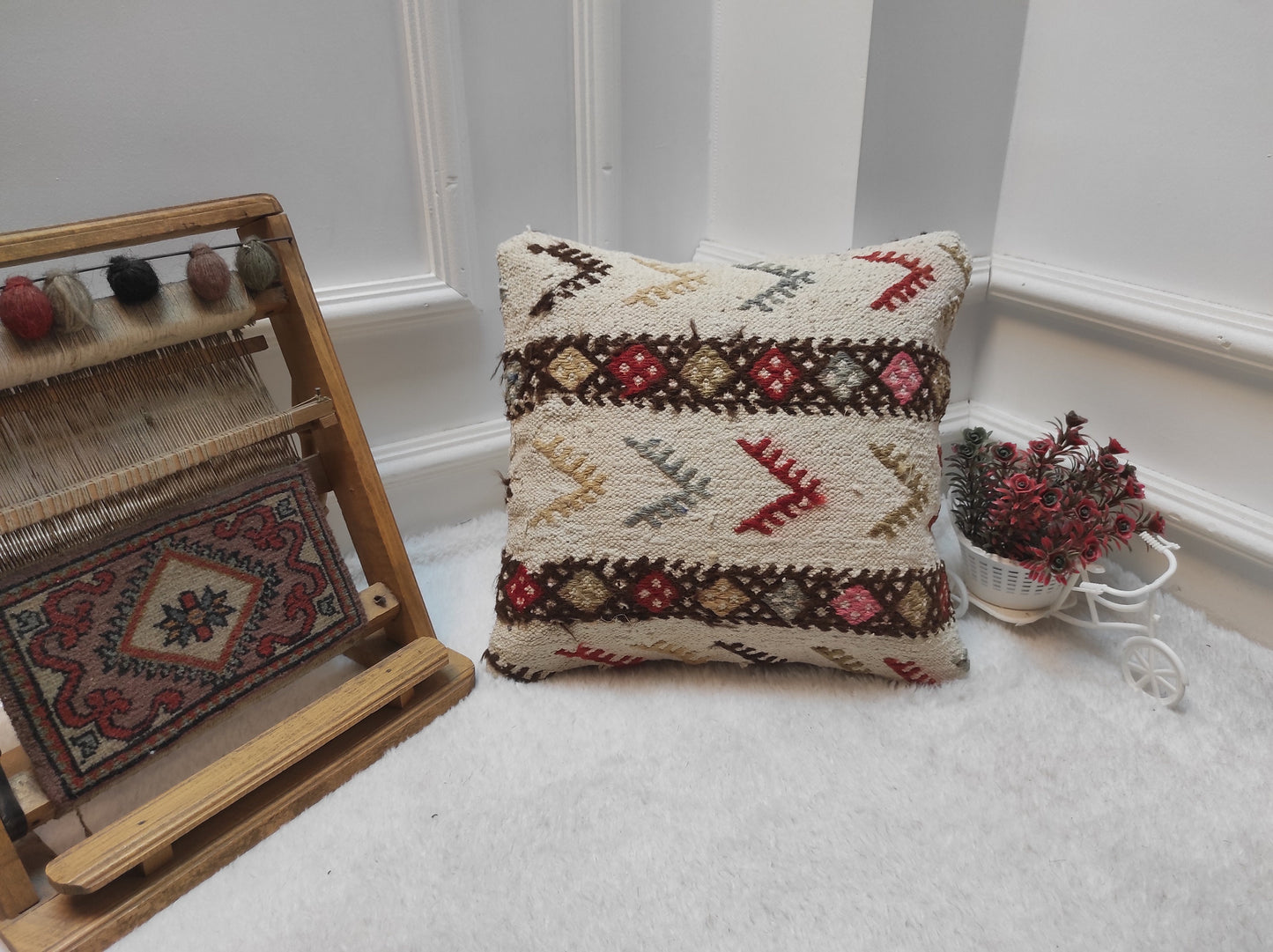 Handmade Kilim Pillow Cover: Upcycled Woven Rug, Bohemian Decor (14x14 Inc)
