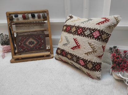 Handmade Kilim Pillow Cover: Upcycled Woven Rug, Bohemian Decor (14x14 Inc)