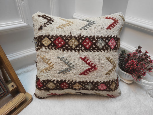 Handmade Kilim Pillow Cover: Upcycled Woven Rug, Bohemian Decor (14x14 Inc)