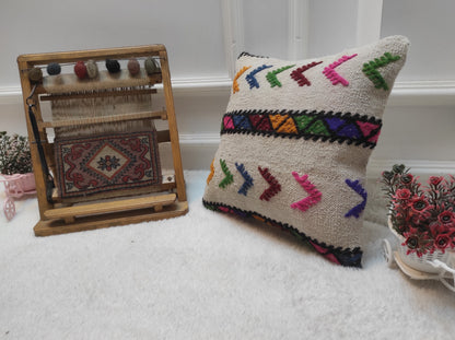 Handwoven Kilim Pillow Cover: Upcycled Wool, Tribal Design (14x14 Inc)
