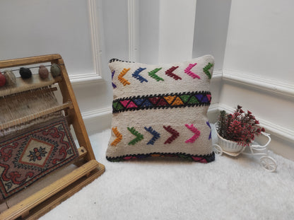 Handwoven Kilim Pillow Cover: Upcycled Wool, Tribal Design (14x14 Inc)