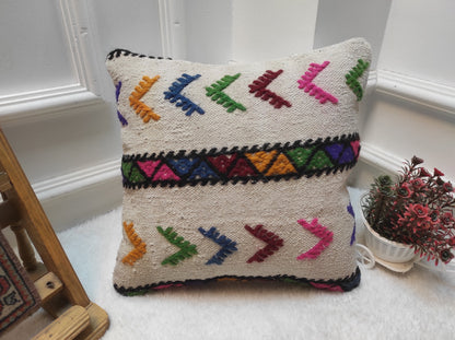 Handwoven Kilim Pillow Cover: Upcycled Wool, Tribal Design (14x14 Inc)