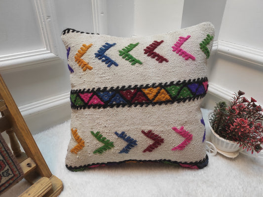 Handwoven Kilim Pillow Cover: Upcycled Wool, Tribal Design (14x14 Inc)