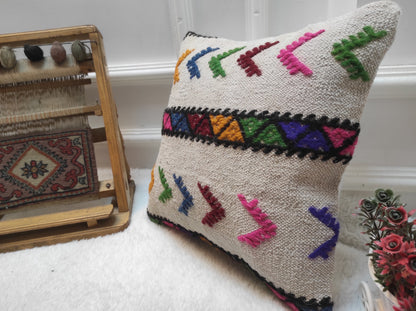 Handwoven Kilim Pillow Cover: Upcycled Wool, Tribal Design (14x14 Inc)