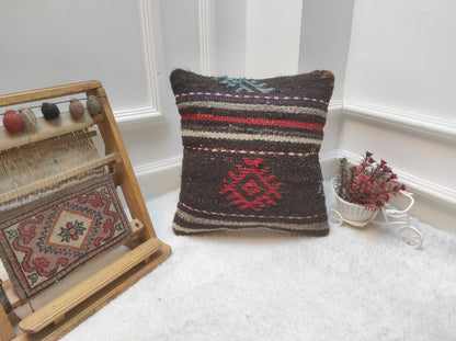 Handmade Kilim Pillow Cover: Black Bohemian Woven Rug Pillow (14x14 inc)