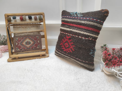 Handmade Kilim Pillow Cover: Black Bohemian Woven Rug Pillow (14x14 inc)