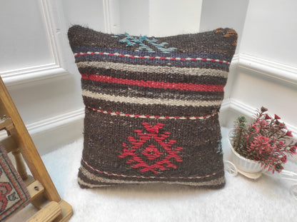 Handmade Kilim Pillow Cover: Black Bohemian Woven Rug Pillow (14x14 inc)