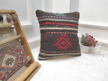 Handmade Kilim Pillow Cover: Black Bohemian Woven Rug Pillow (14x14 inc)