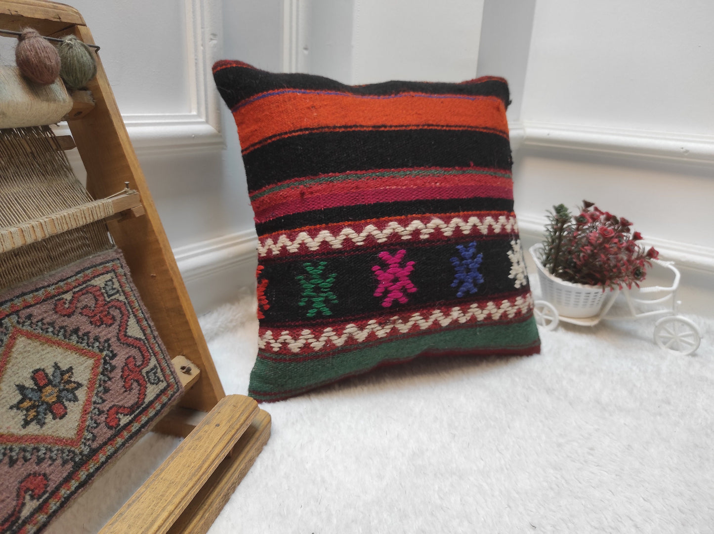 Handmade Kilim Pillow Cover: Upcycled Woven Rug, Bohemian Decor 14x14 Inch