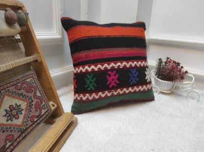 Handmade Kilim Pillow Cover: Upcycled Woven Rug, Bohemian Decor 14x14 Inch