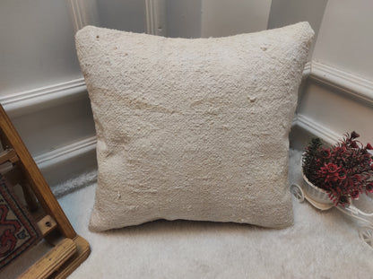 Handmade Kilim Pillow Cover: Upcycled White Wool, Turkish Rug (16x16)