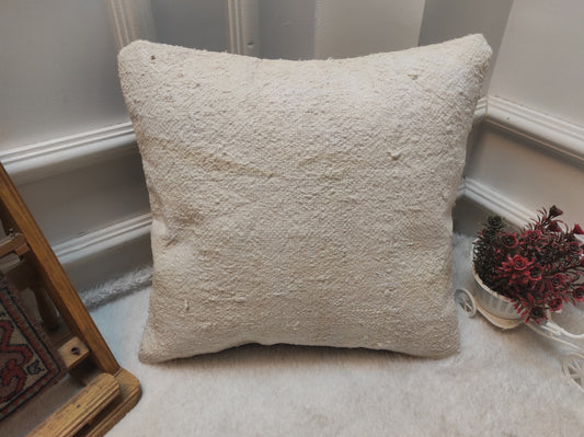 Handmade Kilim Pillow Cover: Upcycled White Wool, Turkish Rug (16x16)