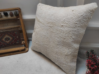 Handmade Kilim Pillow Cover: Upcycled White Wool, Turkish Rug (16x16)