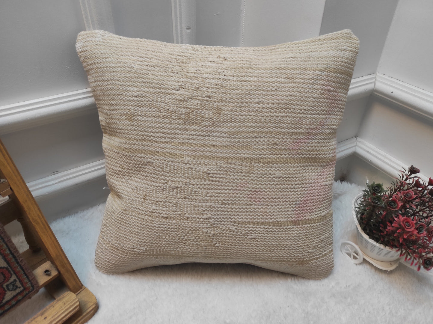 Handmade Kilim Pillow Cover: Upcycled Woven Rug, White 16x16