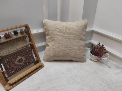 Handmade Kilim Pillow Cover: Upcycled Woven Rug, White 16x16