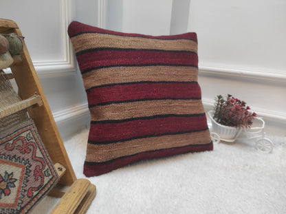 Handmade Kilim Pillow Cover: Upcycled Woven Rug, Striped Accent Pillow (16x16)