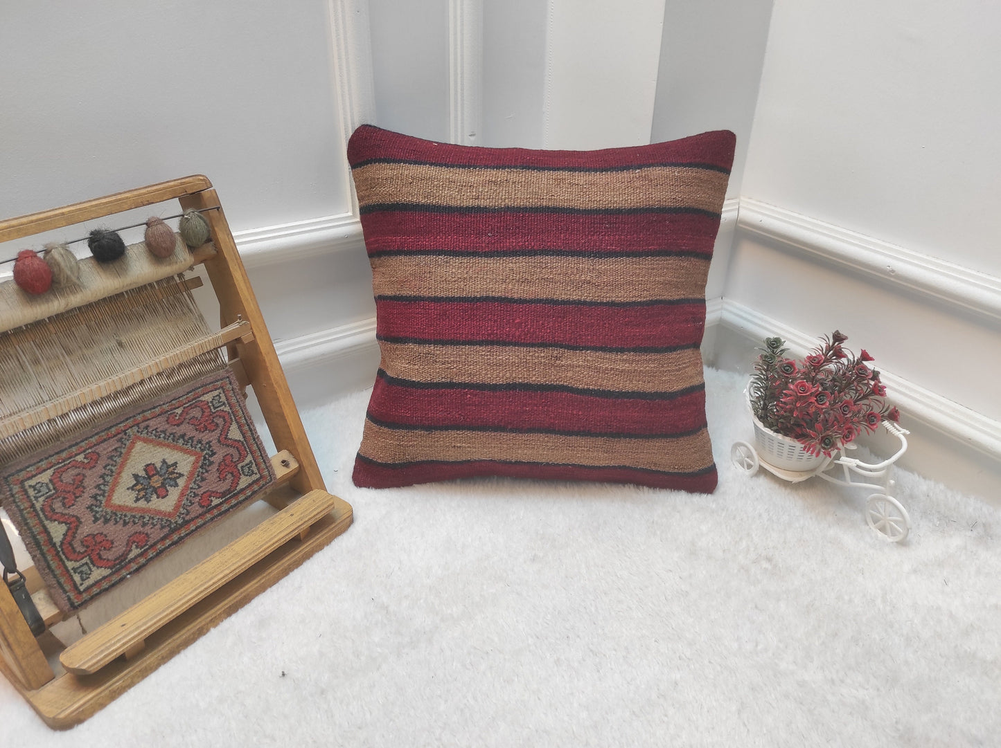 Handmade Kilim Pillow Cover: Upcycled Woven Rug, Striped Accent Pillow (16x16)