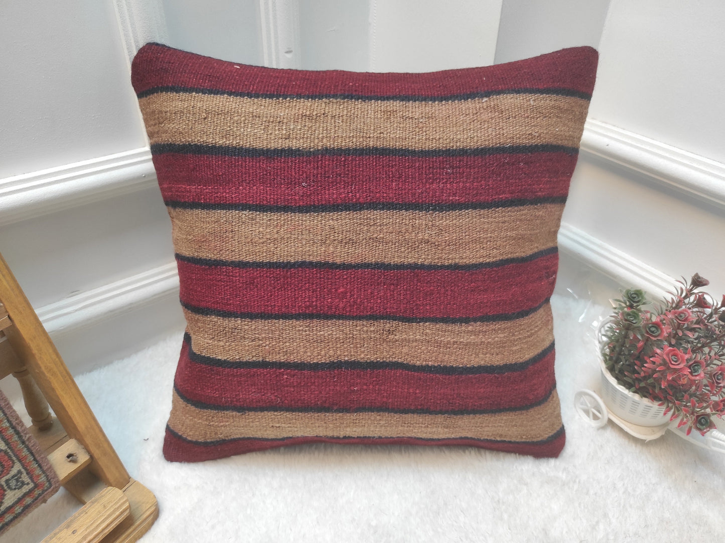 Handmade Kilim Pillow Cover: Upcycled Woven Rug, Striped Accent Pillow (16x16)