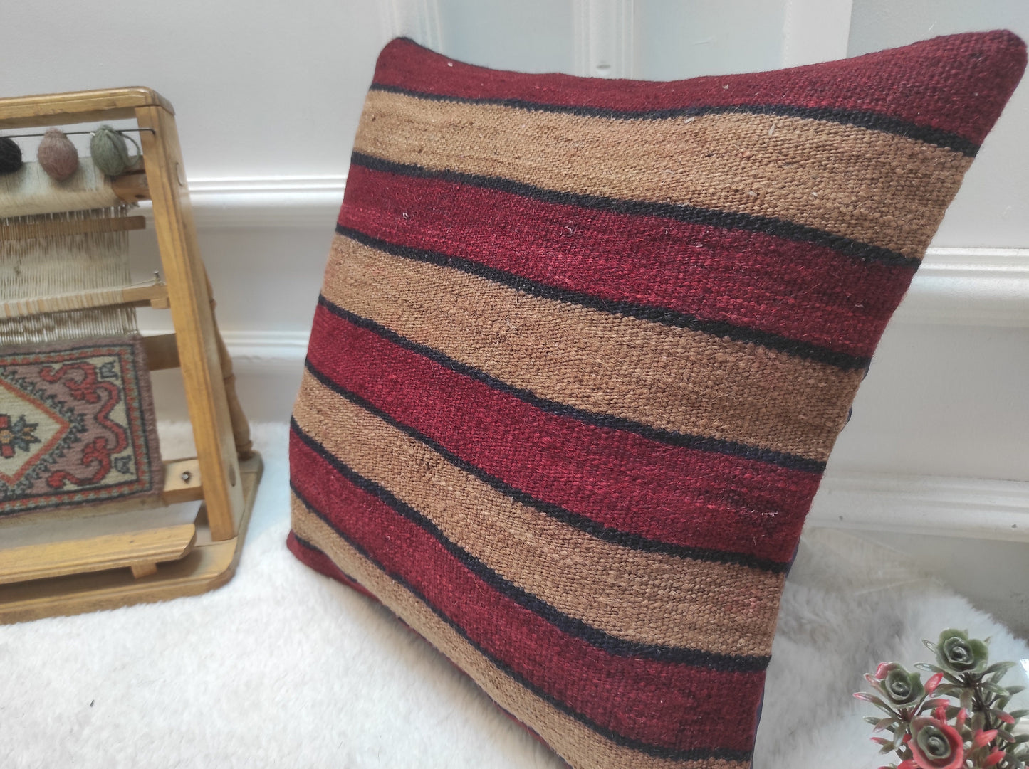 Handmade Kilim Pillow Cover: Upcycled Woven Rug, Striped Accent Pillow (16x16)