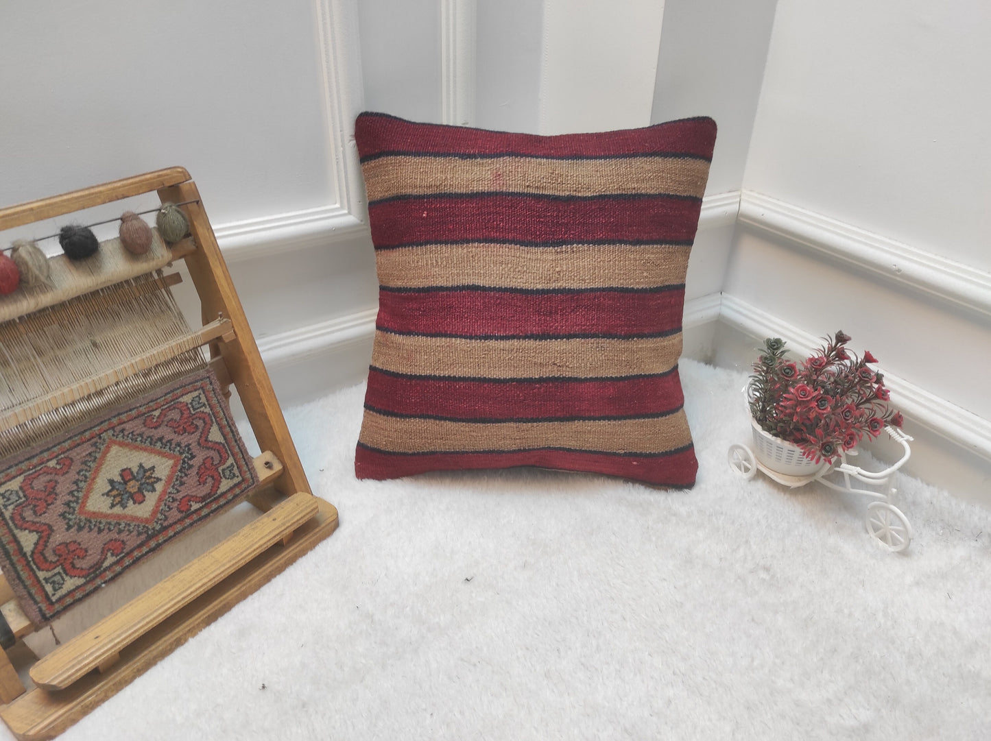Handmade Striped Kilim Pillow Cover: Upcycled Woven Rug, 16x16